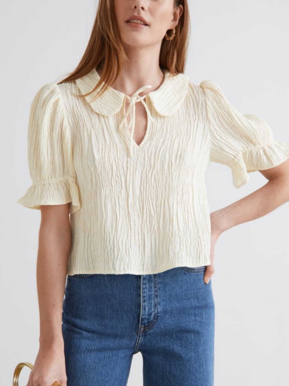 & Other Stories‎ Cream Textured Collared Puff Sleeve Top Peter Pan Collar Size 4